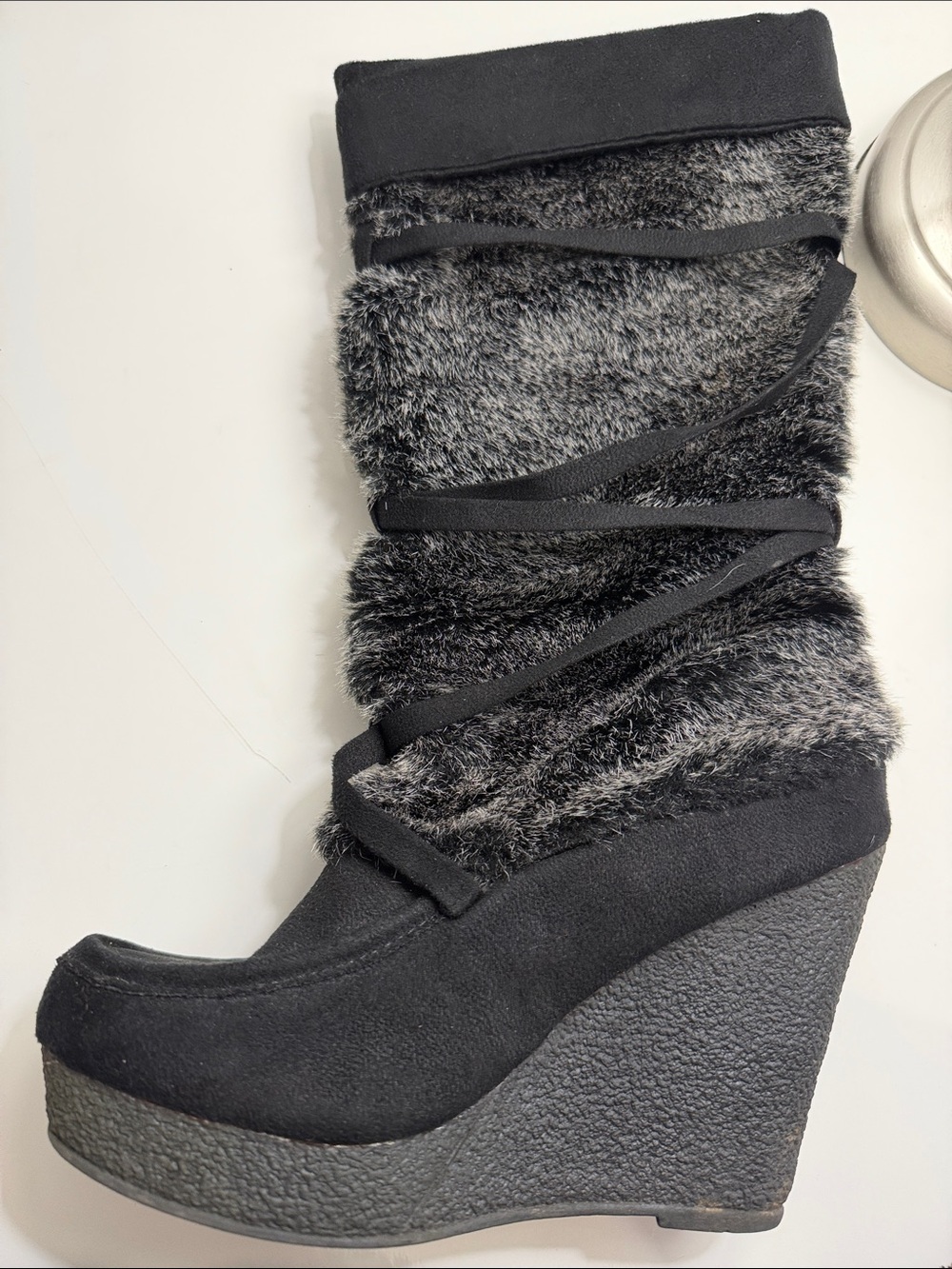 Decree Black Faux Fur Wrap Wedge Boots size 5 1/2